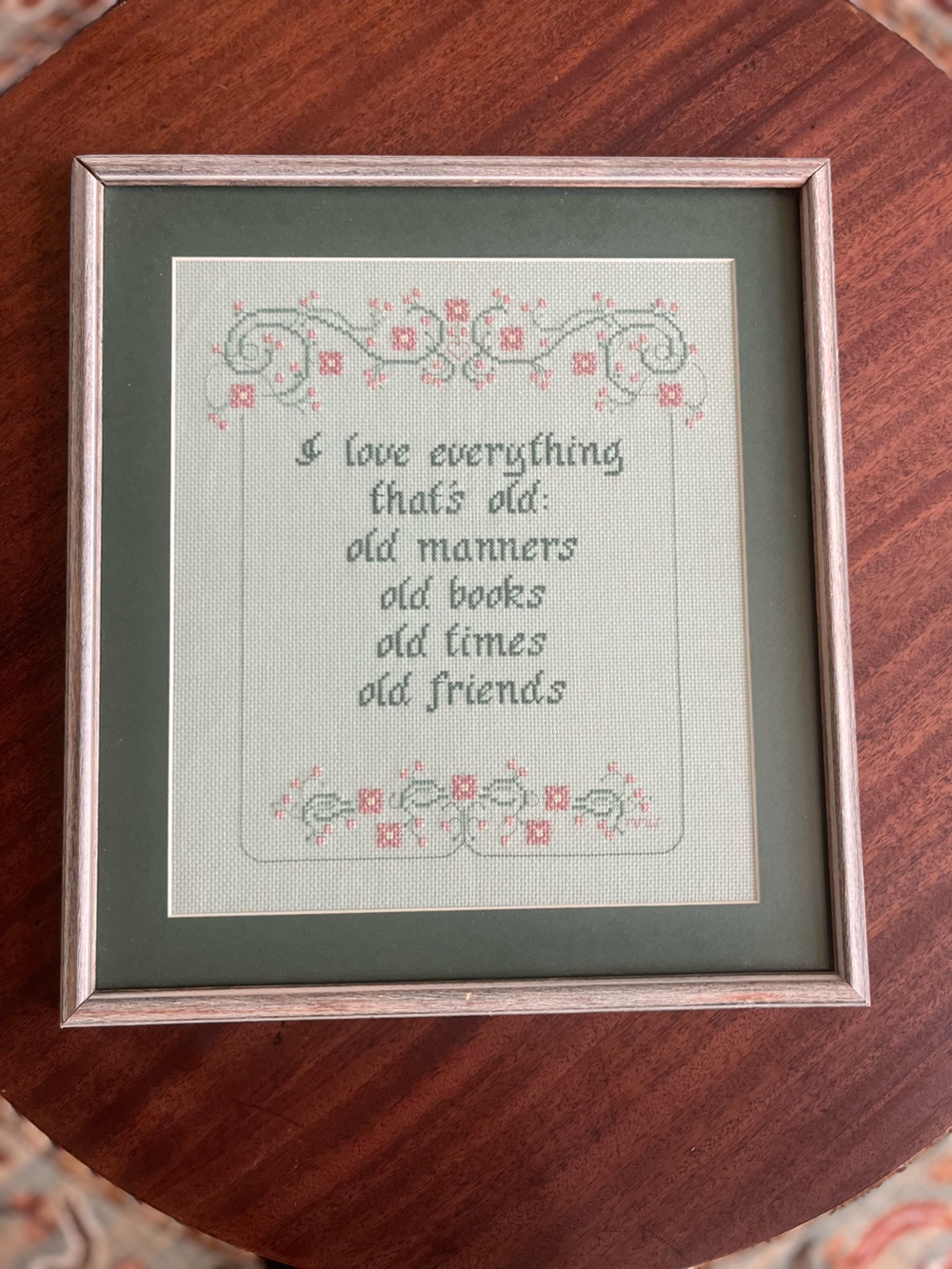 VTG Framed Handmade Cross Stitch Needle Point Artwork Friend Quote 15.5 x 16”